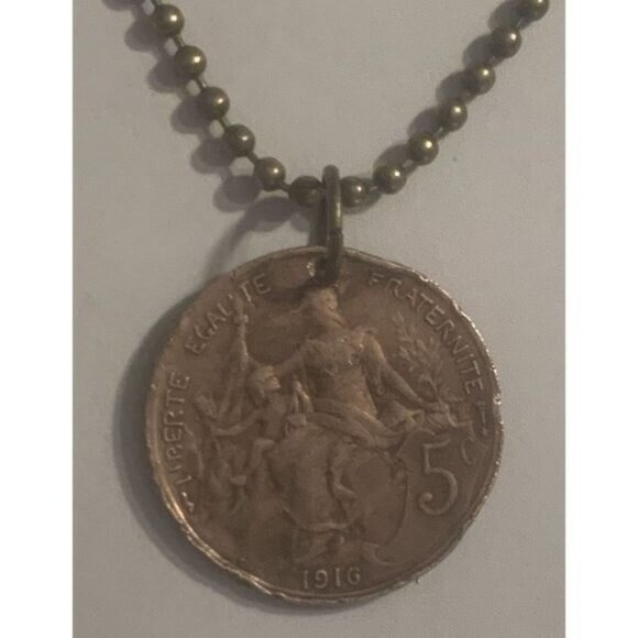 1916 France 5 COIN PENDANT French Antique Circulated Great Gift! 20” Necklace - Picture 1 of 5